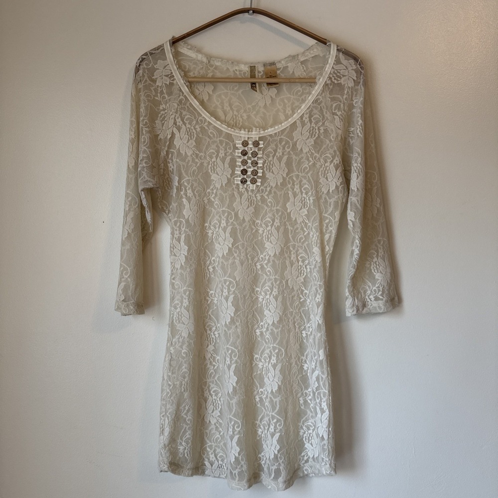 BKE Top Womens Size L Ivory Sheer Lace Festival Renaissance Fairy Cottagecore
